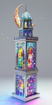Beautiful Moroccan Stained Glass Minaret with Crescent Moon for Ramadan Mubarak Islamic Festival Celebration.