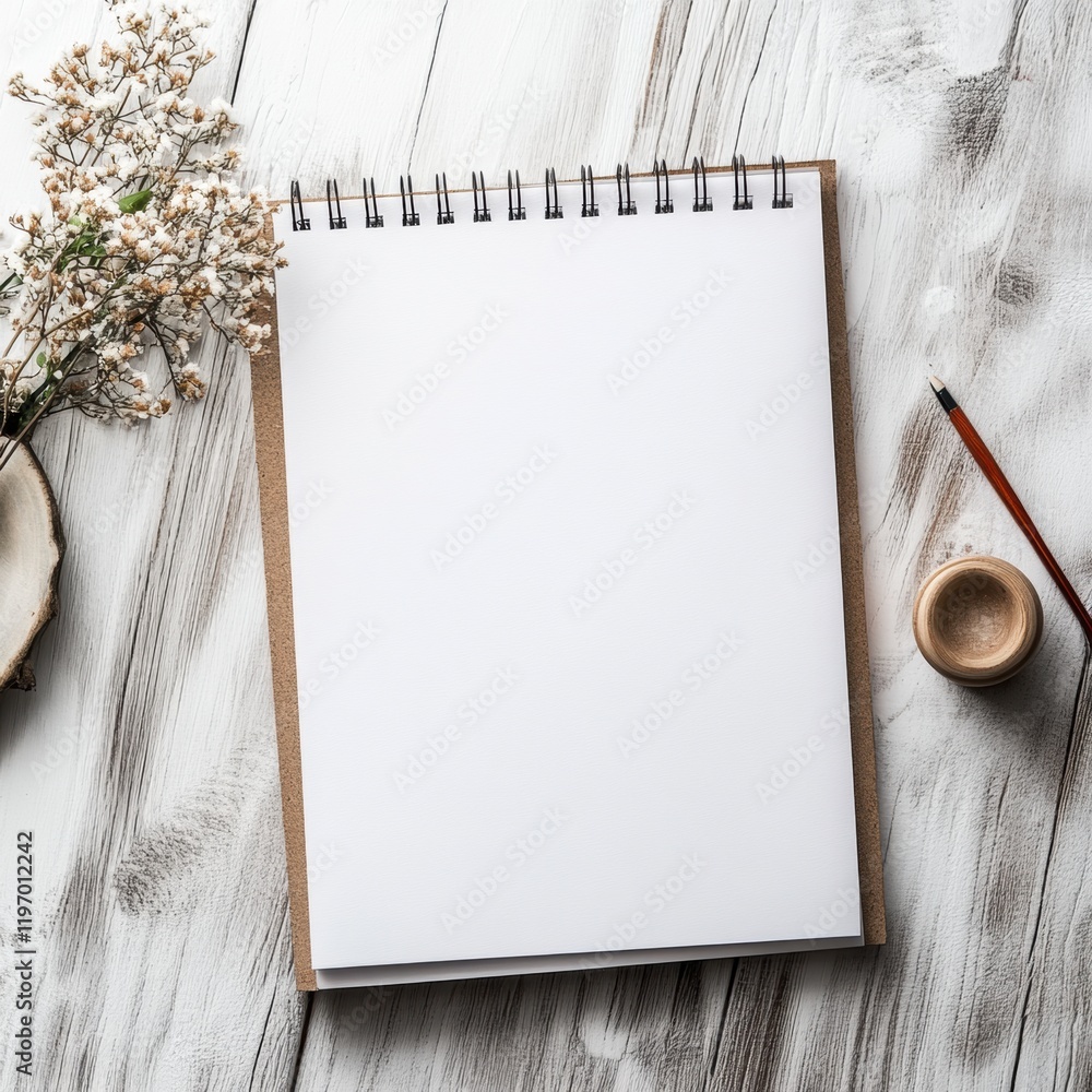 Aufkleber blank sketchbook with copy space for notes and drawings placed on wooden surface with dried flowers 