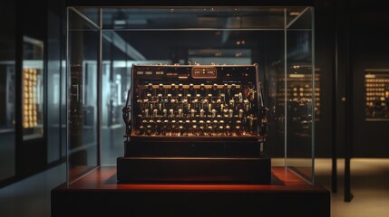 Antique Enigma Machine Displayed in Museum Glass Case