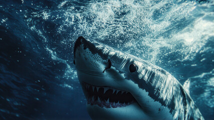 Fototapeta premium Great white shark attack with big teeth swimming underwater in ocean