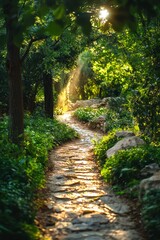 A serene pathway winds through a lush green forest, illuminated by soft sunlight filtering through the trees, creating a peaceful and inviting atmosphere.