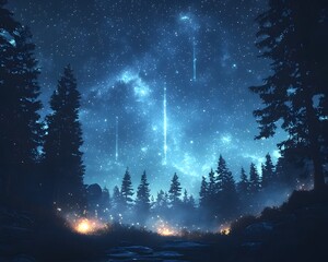 Starry Night Sky Bursting with Magical Meteor Showers over Forested Valley