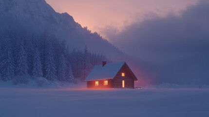 Fototapeta premium A serene winter scene featuring a cozy cabin nestled among snow-covered trees, illuminated warmly against a twilight backdrop of mountains