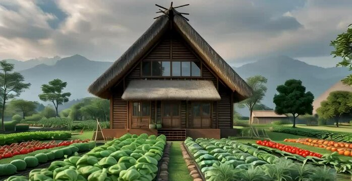 a traditional wooden house with a thatched roof, surrounded by a lush garden with rows of vegetables and fruit trees. The background should show a mountain range with a cloudy sky
