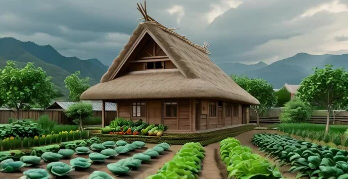 a traditional wooden house with a thatched roof, surrounded by a lush garden with rows of vegetables and fruit trees. The background should show a mountain range with a cloudy sky