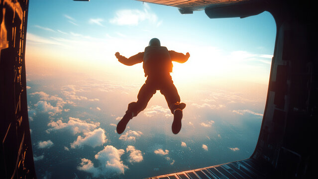 Skydiver jumping out of airplane at sunset, extreme sports background