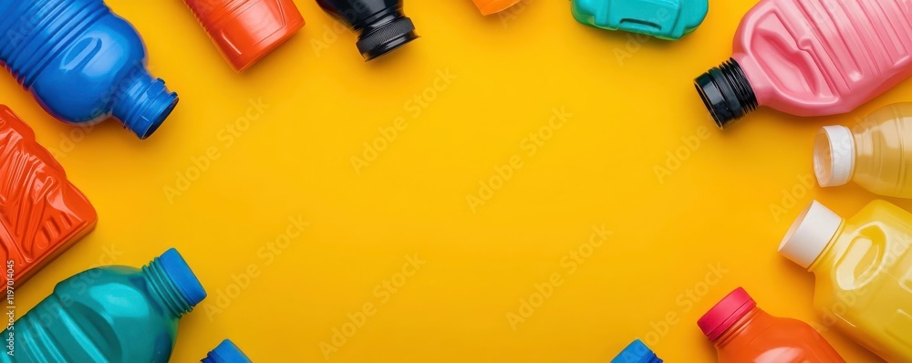 Poster a vibrant display of colorful plastic bottles arranged in a circular pattern against a bright yellow