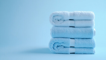 Pile of fresh cotton towels, spa sauna beauty health concept on soft calm blue background