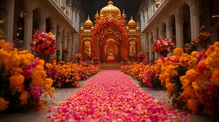 A close-up of an elaborately decorated Vaisakhi prayer hall filled with flowers and lights