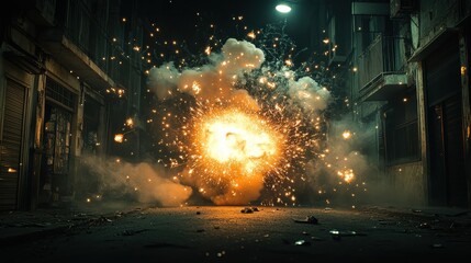 Obraz premium Vibrant Explosion in Dark Urban Street Setting