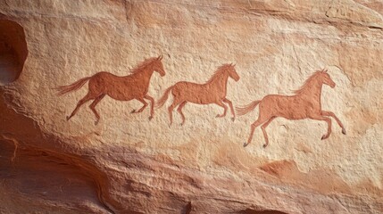 Ancient Rock Art Three Running Horses, Sandstone Petroglyphs, Prehistoric Painting