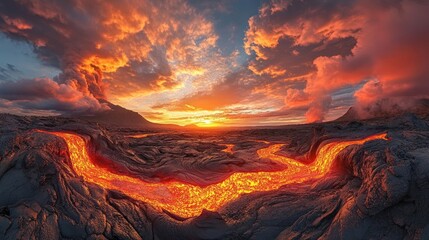 Fototapeta premium Molten Rivers Flowing Across a Fiery Landscape at Sunset