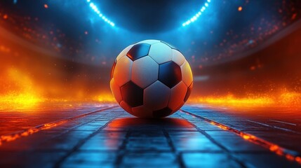 Fototapeta premium Soccer Ball on Stadium Floor with Dramatic Lighting and Energetic Atmosphere in Background for Sports and Event Themes