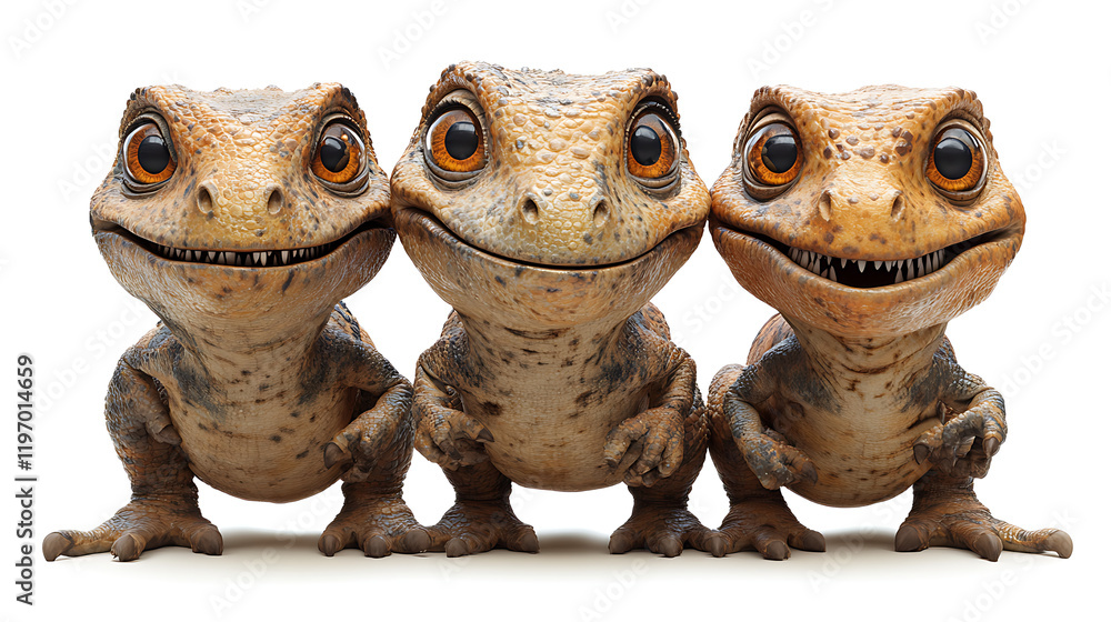 Poster three cartoonish lizards with distinct expressions posing together against a plain background