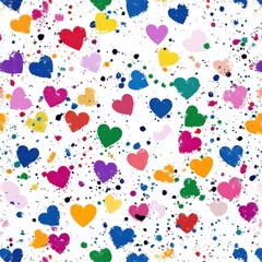 Obraz premium Messy hearts pattern, colorful and abstract, scattered randomly on a white background with splashes of watercolor effects