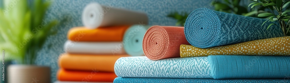 Poster a vibrant display of rolled fabric in various colors, showcasing textures and patterns, complemented