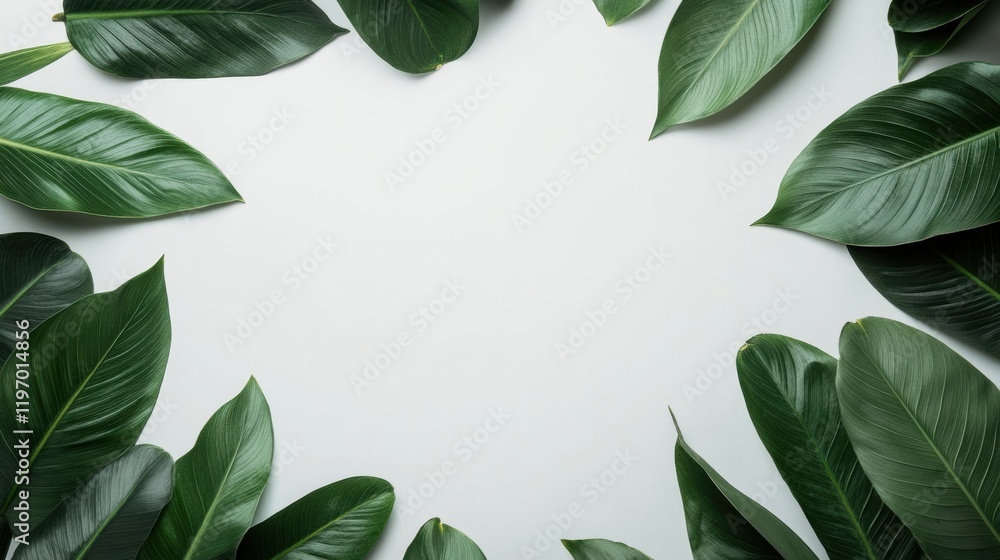 Poster Green leaves arranged on a white background create a clean space for text or design elements. Generative AI