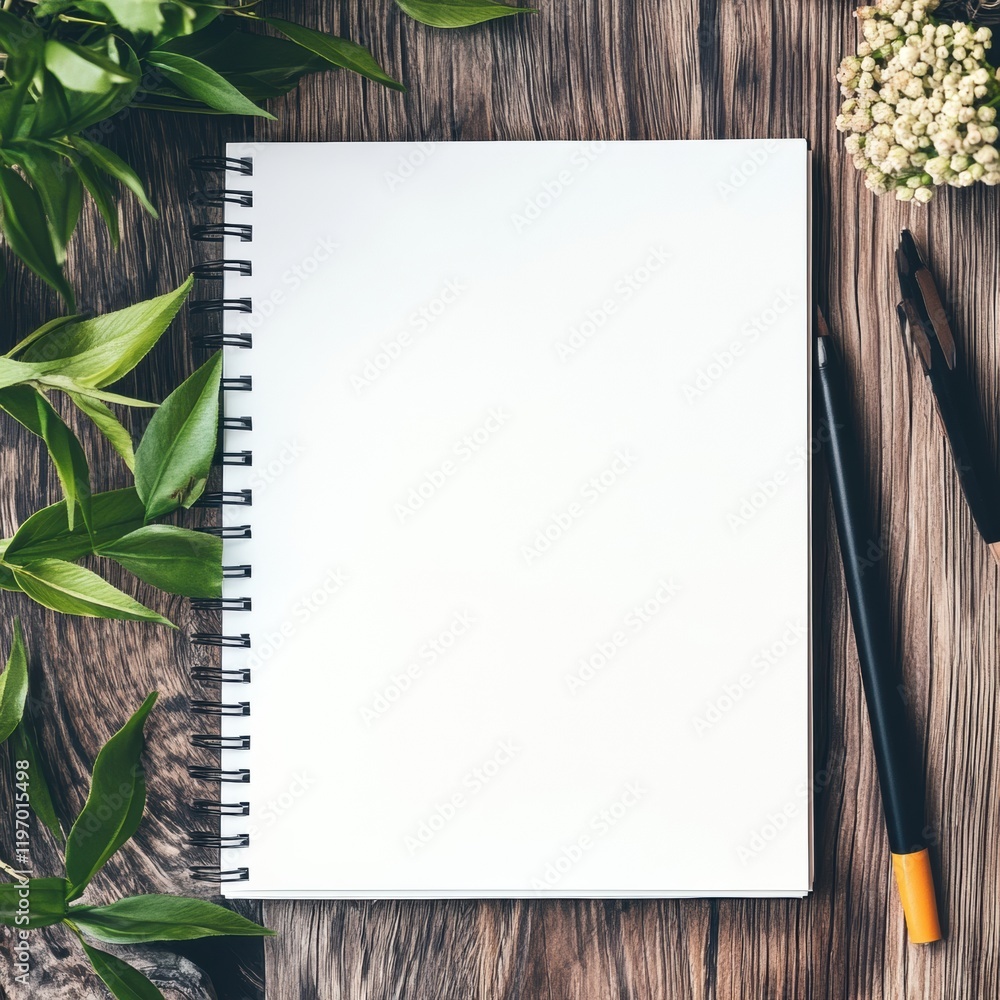Poster blank spiral notebook on wooden table surrounded by greenery and stationery ready for creative writi