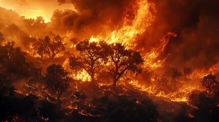 Naklejka premium A fierce wildfire engulfs a forest, with flames towering and smoke billowing against a dramatic orange sky, illustrating nature's power and the devastation of fire