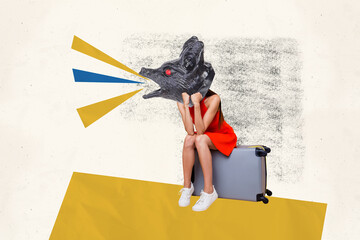 Composite trend artwork sketch image photo collage of wild animal head young lady headless sit...