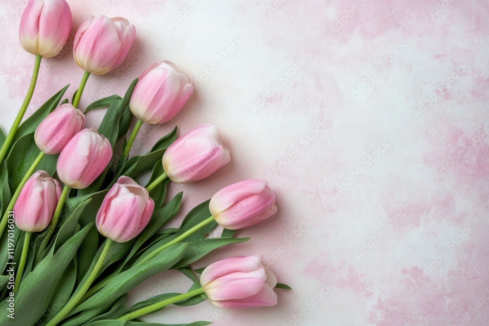 Leinwandbilder fresh pink tulips arranged on a light background with ample space for text and creative designs. gen