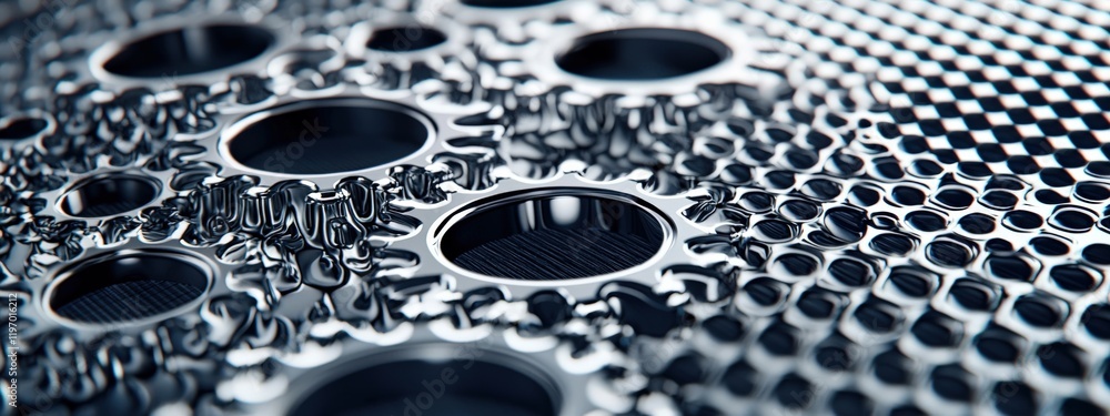 Poster close-up of intricate metal surface with geometric patterns and reflections for industrial and artis