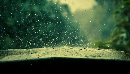 Raindrops falling on a dark surface during a heavy downpour, creating a moody and atmospheric image.  Perfect for backgrounds, websites, and blogs.