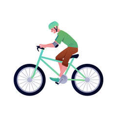 Fototapeta premium Vector illustration of a man character in a helmet riding a bicycle.