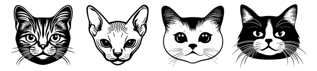 Obraz premium PNG Illustrated cat faces, diverse breeds set, isolated on transparent background
