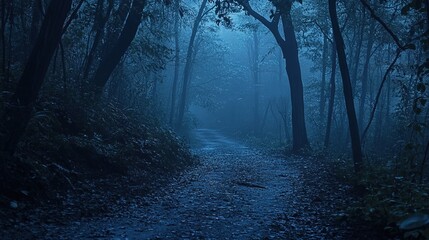 Obraz premium Dark Forest Path Enveloped In Misty Night