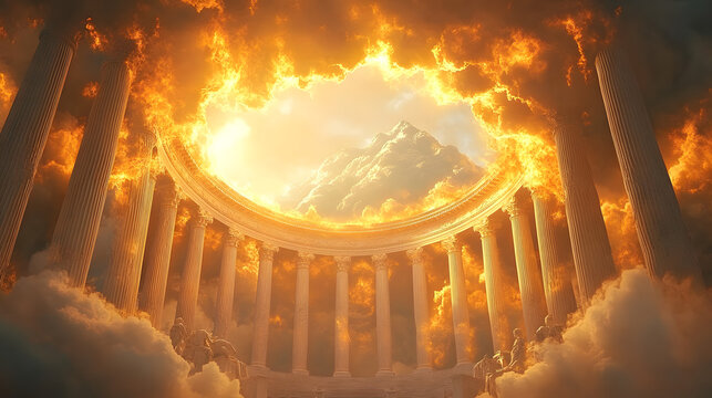 The Olympian gods in a circular formation, surrounded by marble columns and swirling clouds, deciding the fate of mortals below, with Mount Olympus glowing in golden light