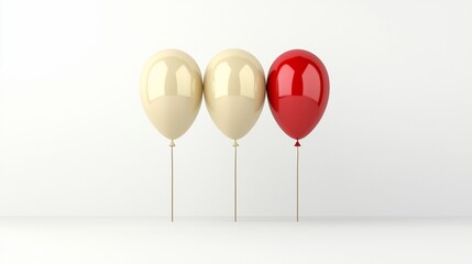Three beige and one red balloon on sticks against white background.