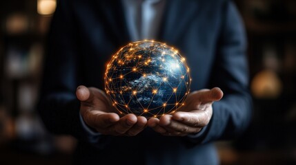 Fototapeta premium Businessman holding global network, connecting continents. Use Global business, technology concept