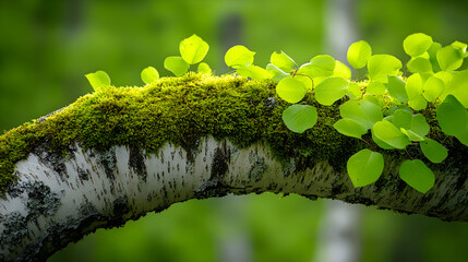 Fern and moss growing on tree in a lush forest during spring