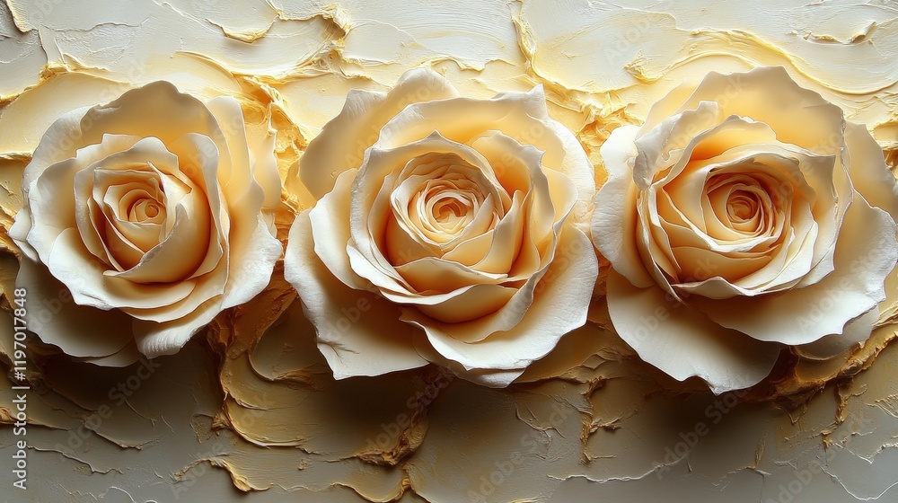 Poster delicate three cream roses displayed on a textured cream background with subtle yellow undertones fo