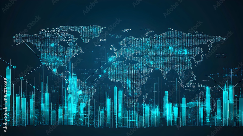 Poster global network, digital world map with city skylines, futuristic technology and data visualization. 