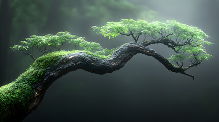A tree with roots in a forest by a lake surrounded by moss, plants, and ferns, creating a peaceful natural landscape