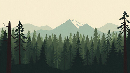 Minimalist flat style forest illustration. Serenity natural background