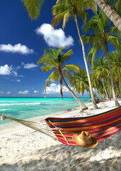 beautiful tropical island with green palm trees and a colorful hammock on the sandy white beach	
