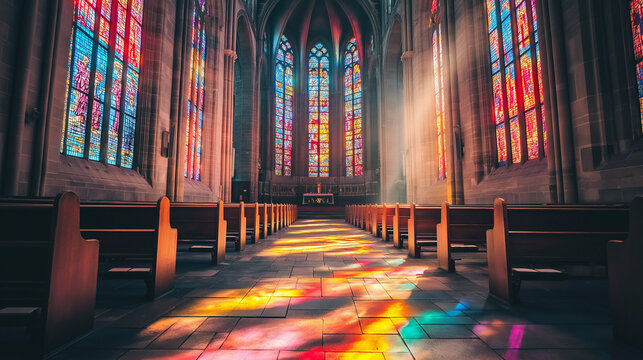 Helle Kirche mit bunten Glasfenstern und warmem Lichtspiel

