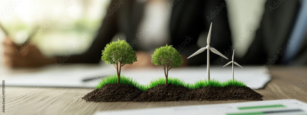 Poster conceptual representation of sustainable development with trees and wind turbines on a desk in a bus