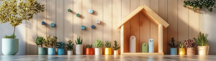 A cozy arrangement of potted plants and a wooden house structure, creating a warm, inviting atmosphere in a bright interior space.