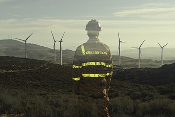 Obraz premium Worker Safety Gear Near Wind Turbines Landscape