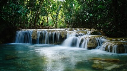 Obraz premium Serene Waterfall Cascades Through Lush Green Forest