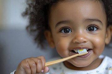 Joyful child practicing dental hygiene with bamboo toothbrush