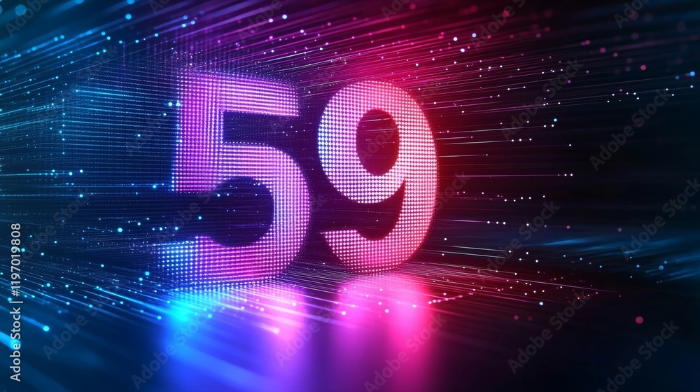 Poster glowing digital number 59 on a futuristic abstract background with neon lights and particles