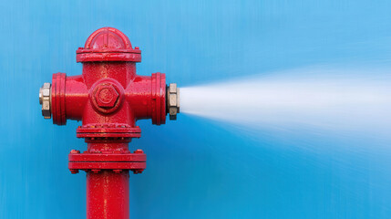 Fototapeta premium red fire hydrant releasing strong stream of water against bright blue background, showcasing water pressure and emergency equipment
