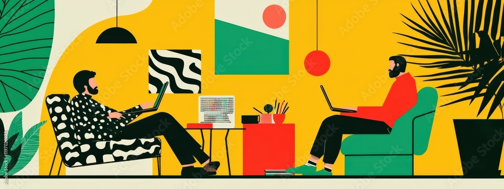 Poster vibrant and modern workspace with two men working on laptops in an artistic and colorful environment