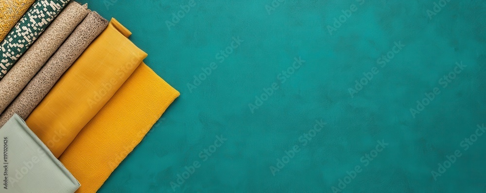 Poster a colorful array of textured fabrics arranged on a teal background, showcasing a vibrant palette sui