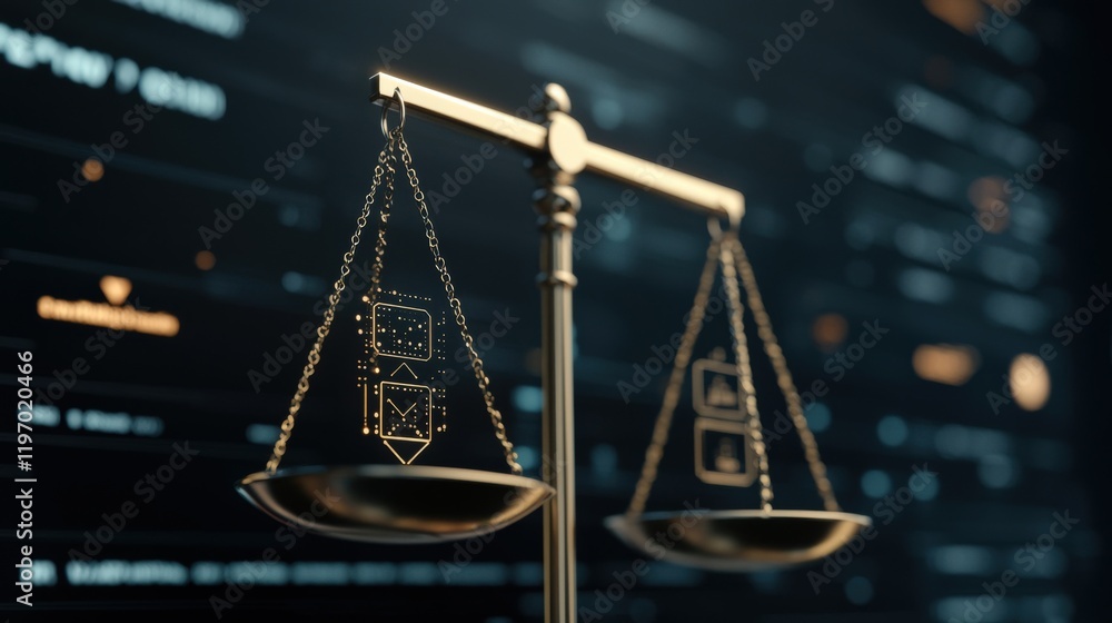 Poster concept of justice with digital scales representing data and technology in modern society